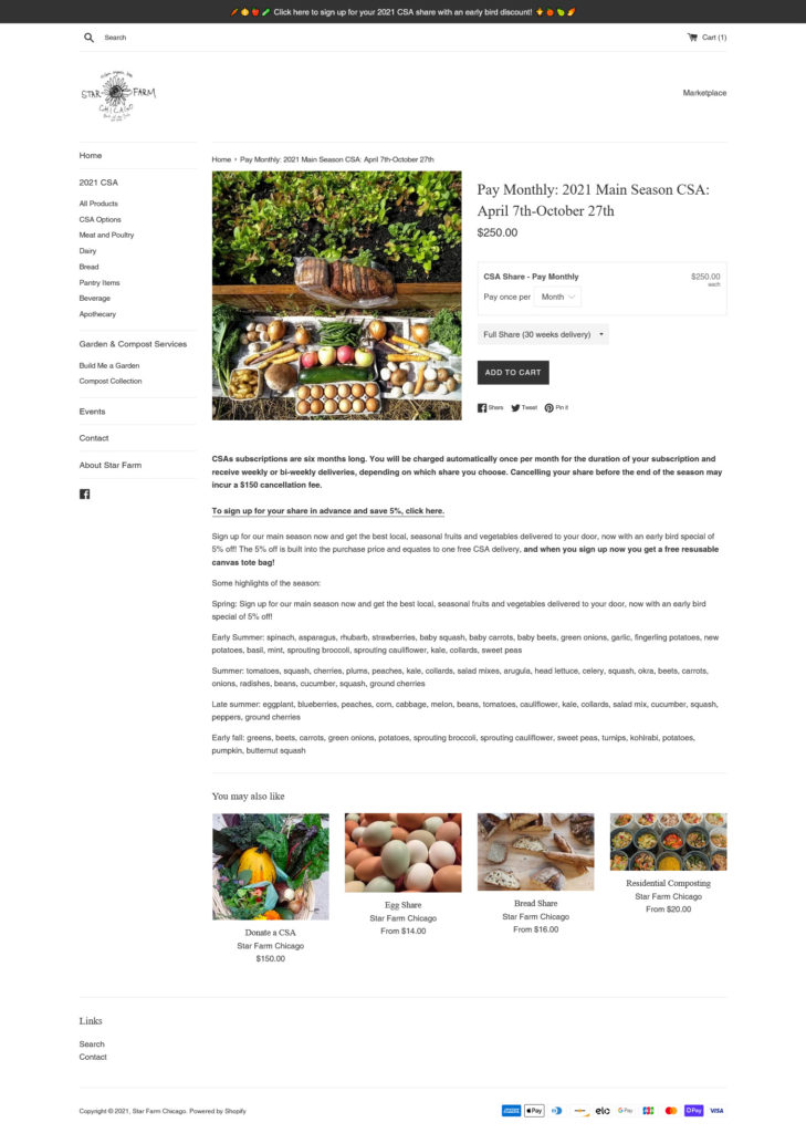Star Farm Chicago Marketplace / Shopify E-Commerce - CSA Page Screenshot